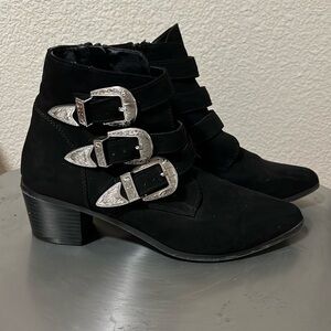 Black suede silver buckle booties